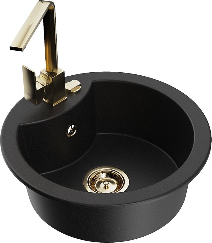 Zlewozmywak granitowy Mexen Diego 1-komorowy z baterią kuchenną Rita czarny 6512-77-670300-50