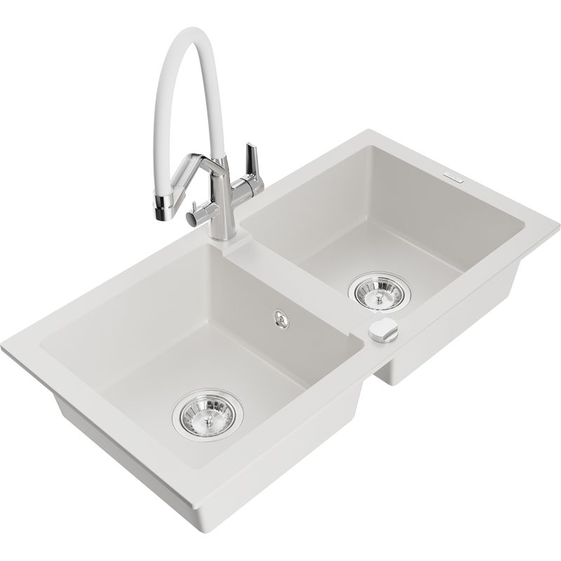 Zlewozmywak granitowy 2-komorowy Mexen Mario z baterią kuchenną Duo biały 6504-20-671701-02