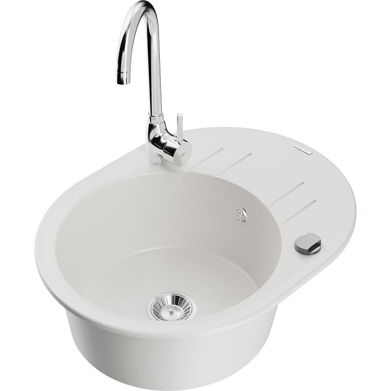 Zlewozmywak granitowy 1-komorowy Mexen Kevin z ociekaczem i baterią kuchenną Telma biały 6517-20-670200-00