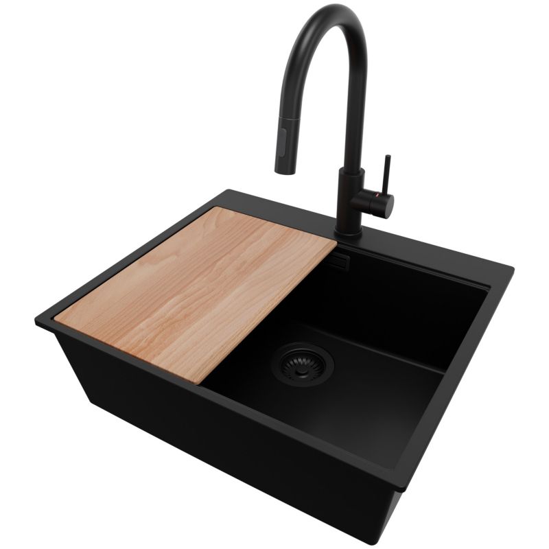 Zlewozmywak Granitowy Oslo PRIMAGRAN Nablatowy 58x50cm do szafki od 60cm, Cały Czarny + Bateria + Syfon + Deska, S422, 1 szt.