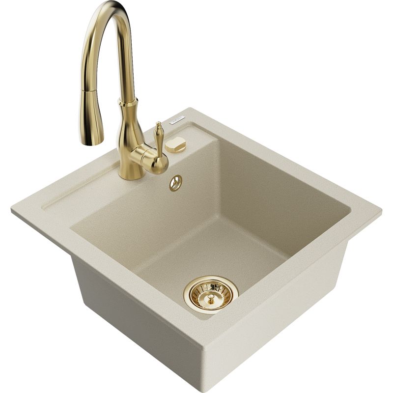 Zlewozmywak granitowy 1-komorowy Mexen Vito z baterią kuchenną Savita beżowy 6503-69-672601-50