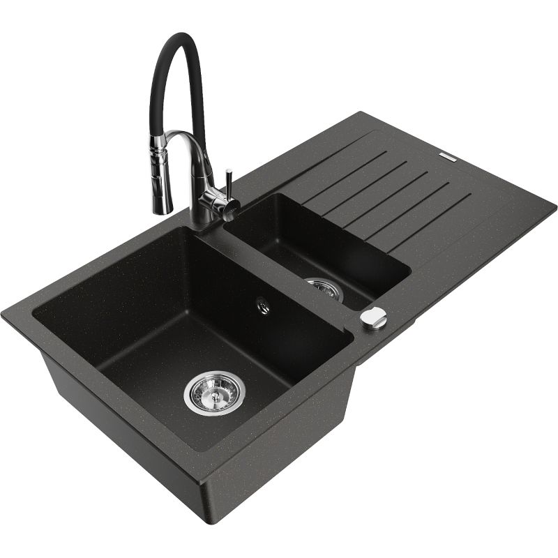 Zlewozmywak granitowy 1.5-komorowy Mexen Matias z ociekaczem i baterią kuchenną Aster czarny/złoty metalik 6502-75-73450-07