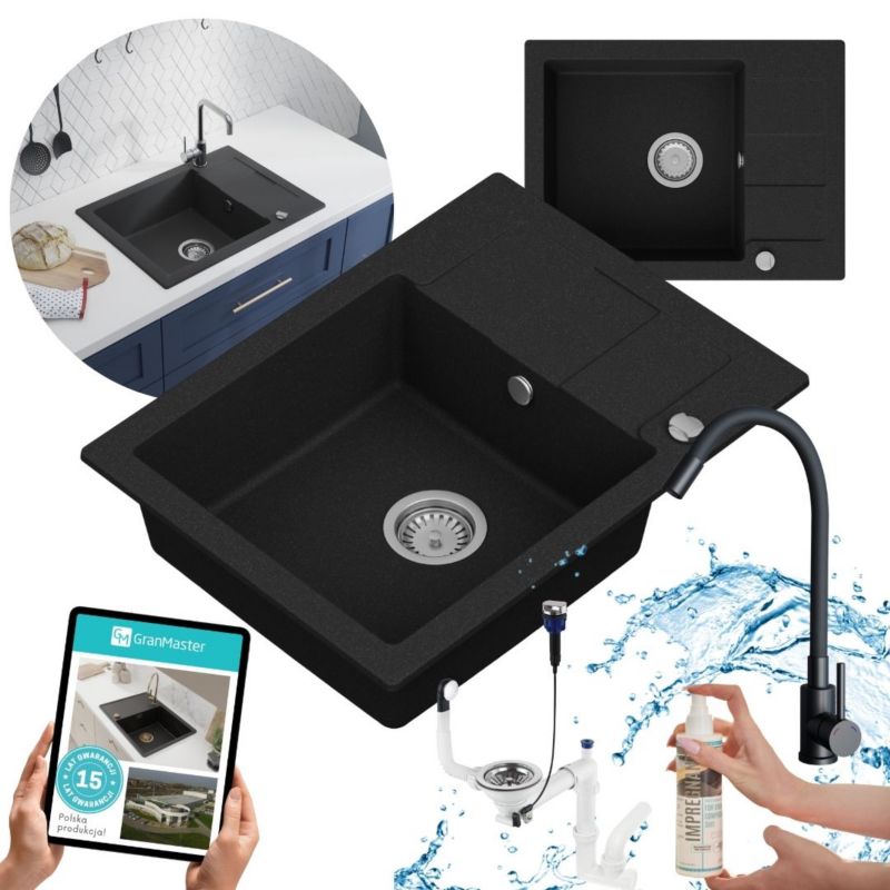 Zestaw zlewozmywak kuchenny GranMaster Quadrato 1-komorowy z ociekaczem, baterią, syfonem oraz impregnatem, czarny metalik 1szt.