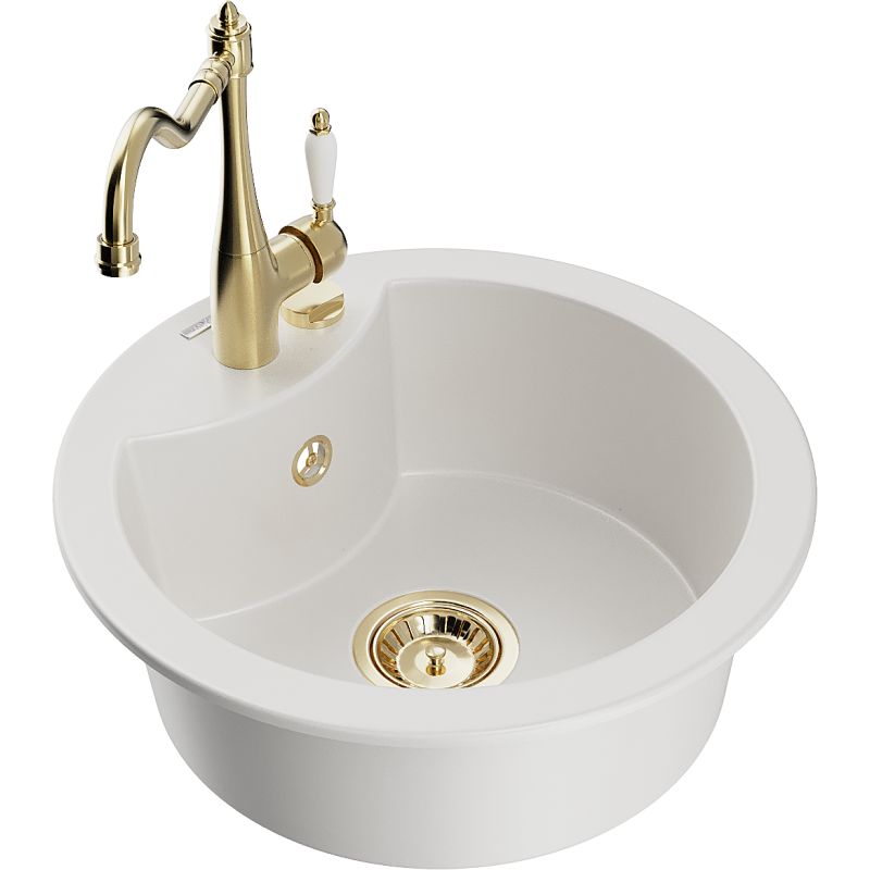 Zlewozmywak granitowy 1-komorowy Mexen Diego z baterią kuchenną Carla biały 6512-20-670700-50