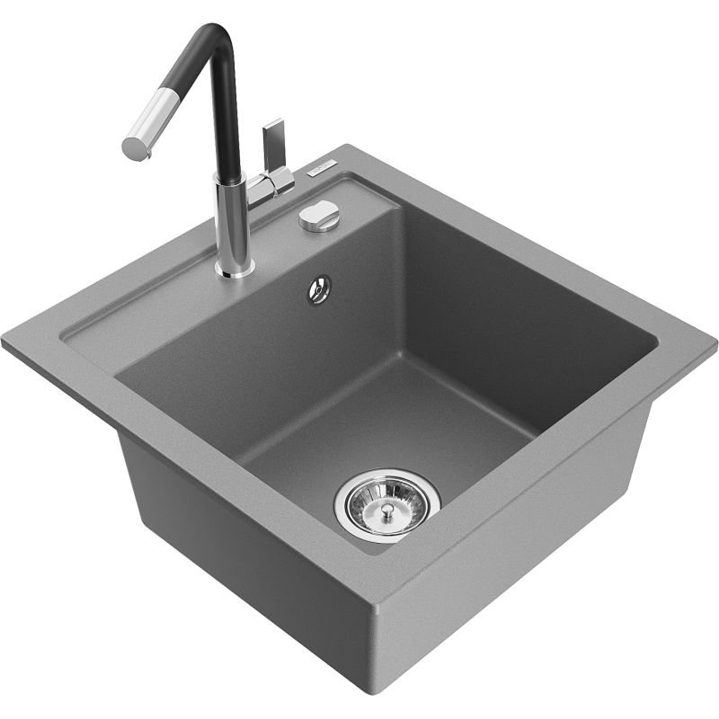 Zlewozmywak granitowy 1-komorowy Mexen Vito z baterią kuchenną Flora szary 6503-71-670401-07