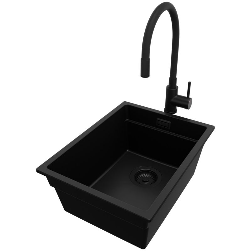 Zlewozmywak Granitowy Praga Slim PRIMAGRAN Nablatowy 36x47cm do szafki od 40cm z Syfonem i Baterią Cały Czarny 1 szt.