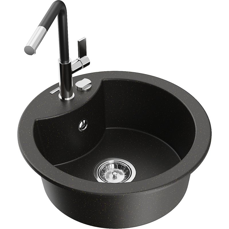 Zlewozmywak granitowy 1-komorowy Mexen Diego z baterią kuchenną Flora czarny/złoty metalik 6512-75-670401-07