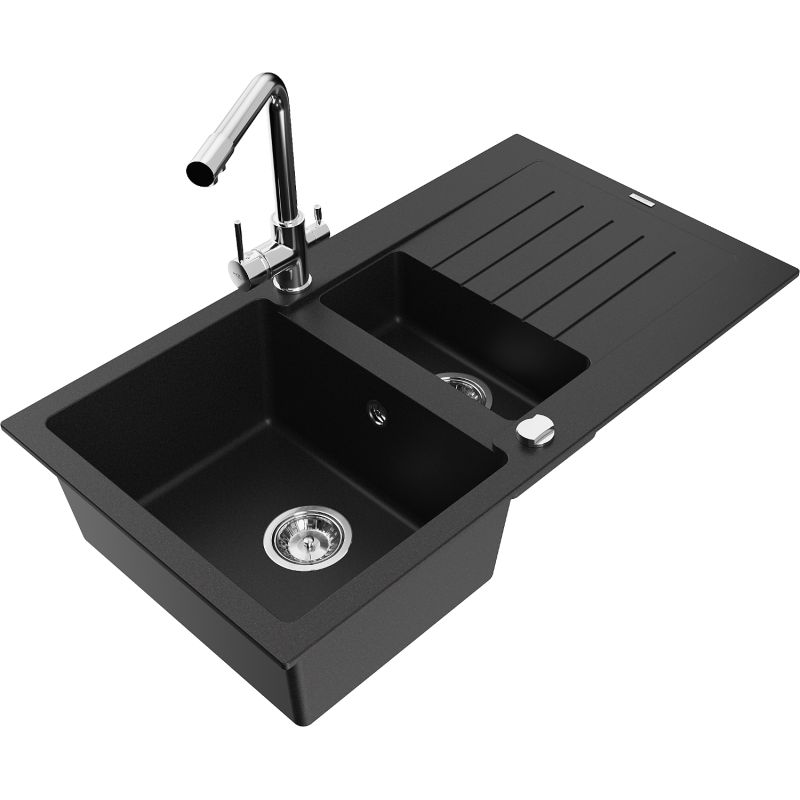Zlewozmywak granitowy 1.5-komorowy Mexen Matias z ociekaczem i baterią kuchenną Duero czarny - 6502-77-671600-70 1 szt.