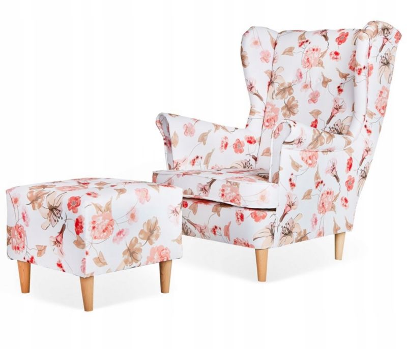 Fotel uszak do salonu z podnóżkiem Family Meble ARI PRINT jasny róż 1szt