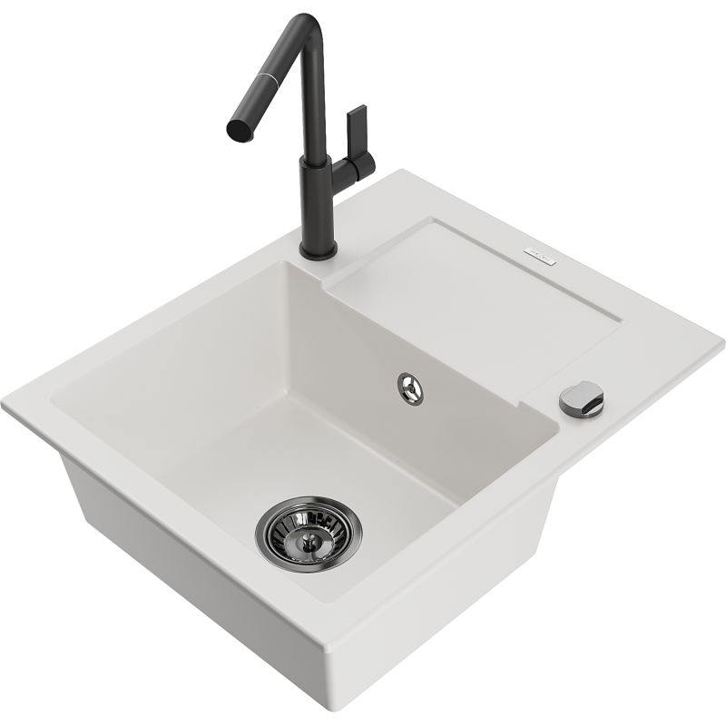 Zlewozmywak granitowy 1-komorowy Mexen Enzo z ociekaczem i baterią kuchenną Flora czarny - 6506-77-670401-57-G 1 szt.