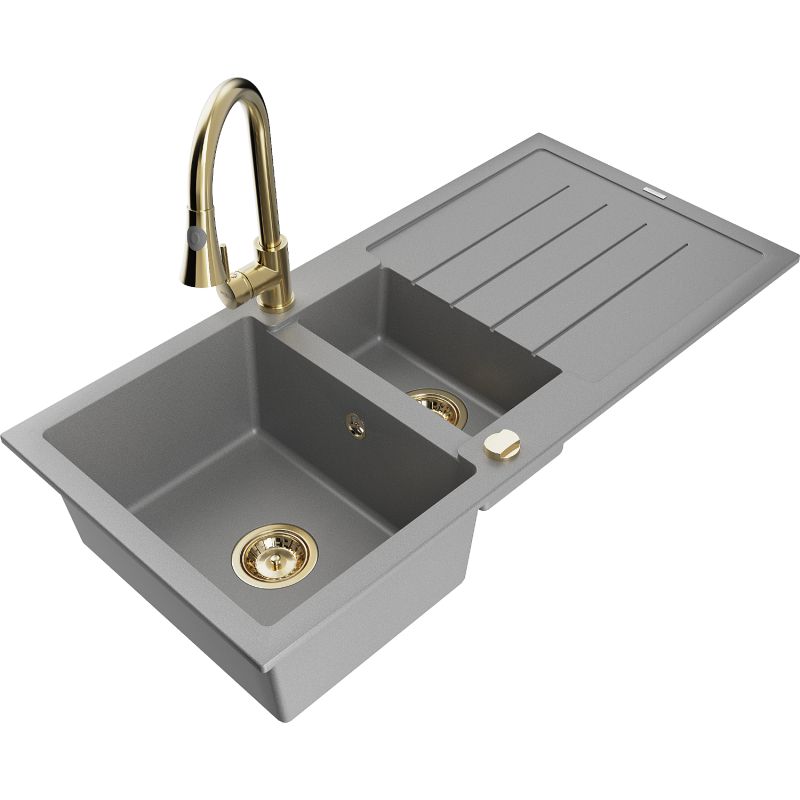 Zlewozmywak granitowy 1.5-komorowy Mexen Andres z ociekaczem i baterią kuchenną Elia szary 6515-71-670101-50