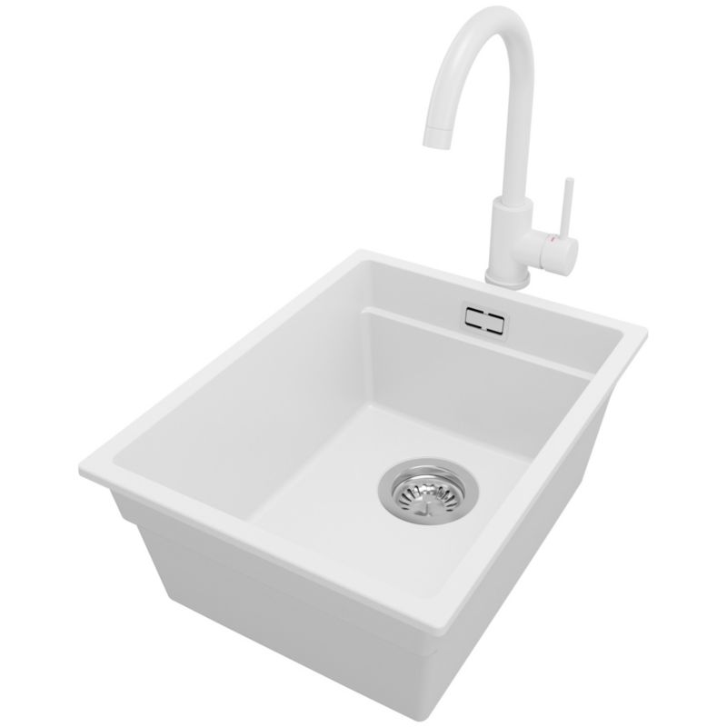 Zlewozmywak Granitowy Praga Slim PRIMAGRAN Nablatowy 36x47cm do szafki od 40cm z Syfonem i Baterią Biały 1 szt.