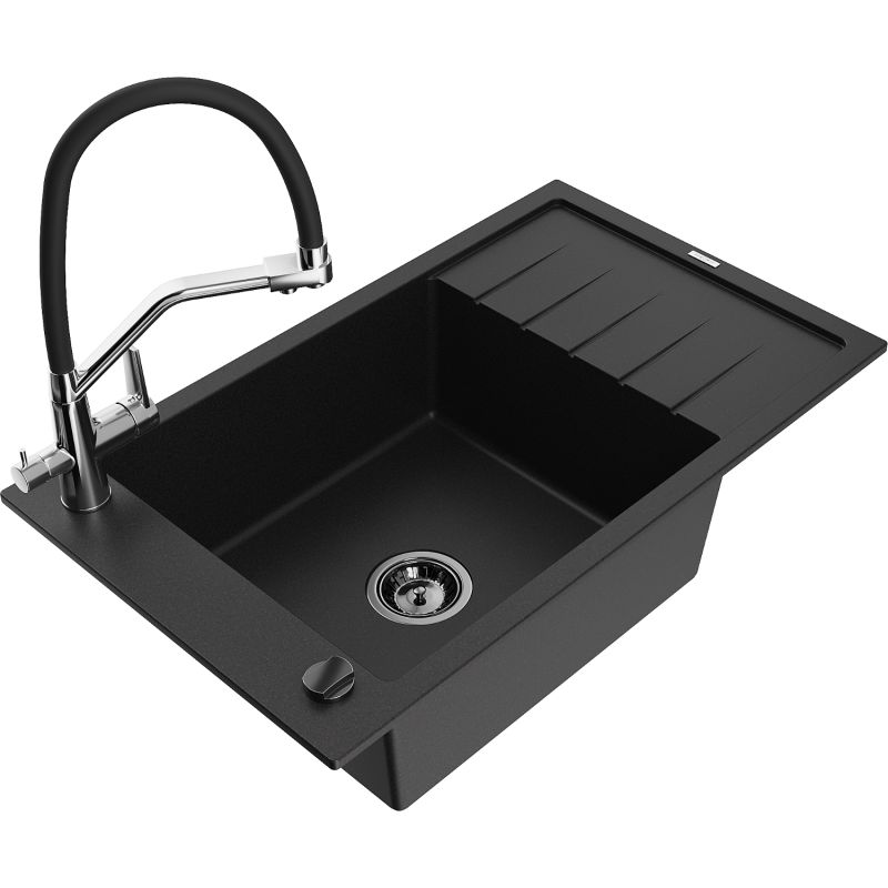 Zlewozmywak granitowy 1-komorowy Mexen Elias z ociekaczem i baterią kuchenną Duo czarny 6511-77-671701-07-B