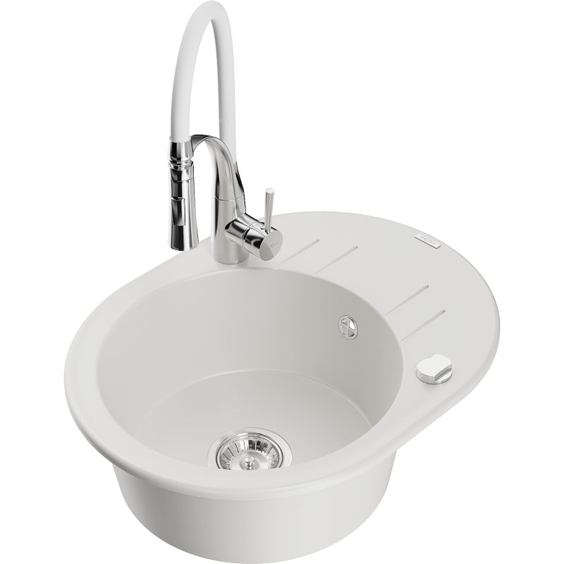 Zlewozmywak granitowy 1-komorowy Mexen Kevin z ociekaczem i baterią kuchenną Aster biały 6517-20-73450-02