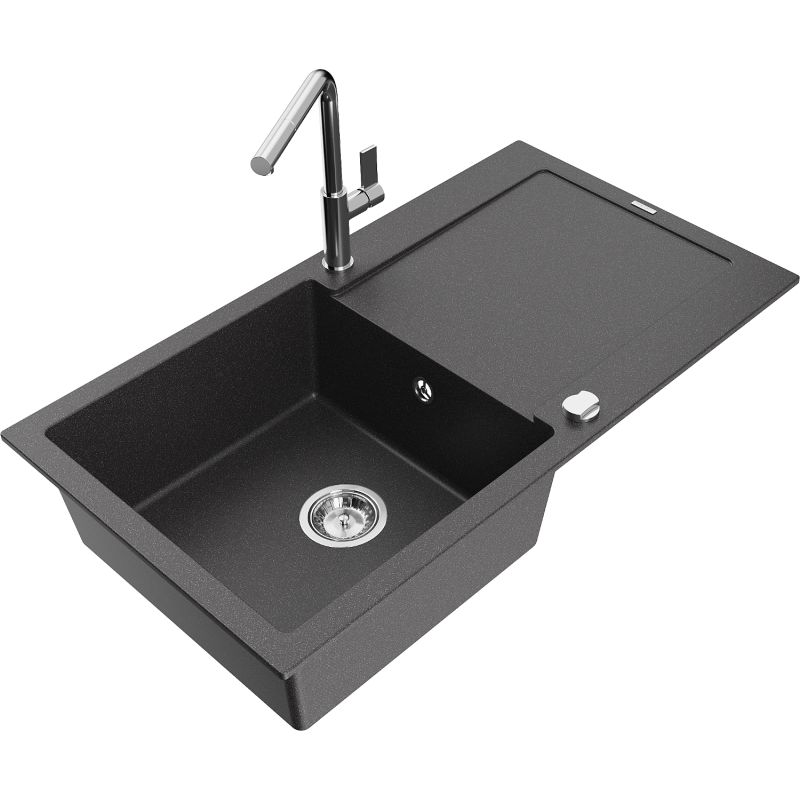 Zlewozmywak granitowy 1-komorowy Mexen Leo z ociekaczem i baterią kuchenną Flora czarny nakrapiany 6501-76-670401-00