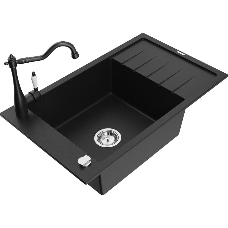 Zlewozmywak granitowy 1-komorowy Mexen Elias z ociekaczem i baterią kuchenną Carla czarny nakrapiany - 6511-76-670700-00 1 szt.