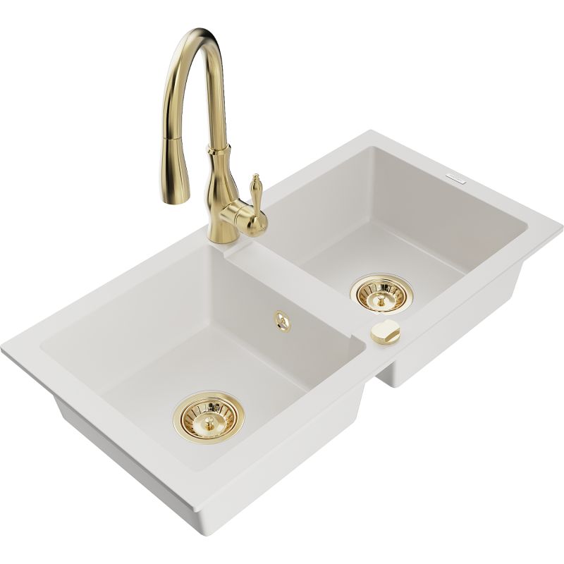 Zlewozmywak granitowy 2-komorowy Mexen Mario z baterią kuchenną Savita biały 6504-20-672601-50