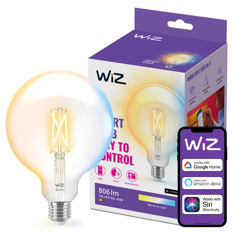 Żarówka LED WiZ E27 Kula G125 7W 806lm 2700-6500K TW Filament Inteligentna Smart WiFi Bluetooth Aplikacja 1 szt.