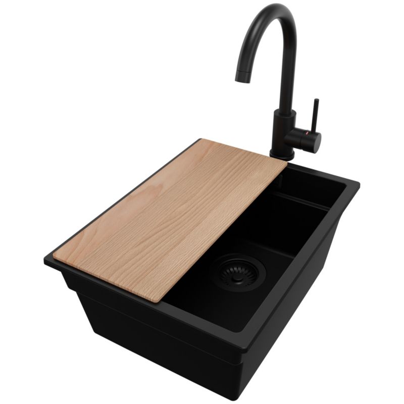 Zlewozmywak Granitowy Praga Slim PRIMAGRAN Nablatowy 36x47cm do szafki od 40cm z Syfonem i Baterią i Dodatkiem Cały Czarny 1 szt.