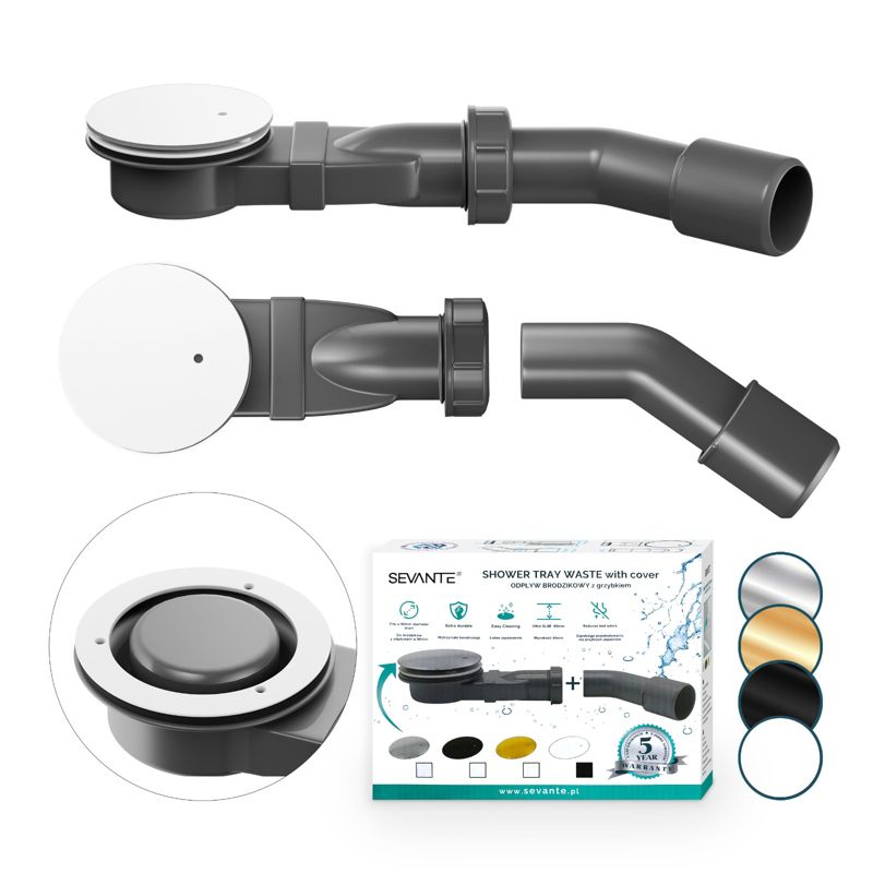 Syfon z odpływem do brodzika niski SEVANTE wys 75mm szer 115mm biały 1 szt.