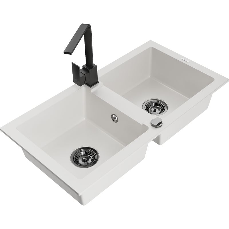 Zlewozmywak granitowy 2-komorowy Mexen Mario z baterią kuchenną Rita biały - 6504-20-670300-50 1 szt.