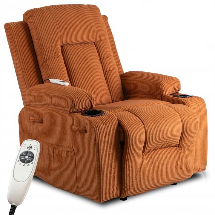 Fotel Masujący Box Mebel Elite Wypoczynkowy Rozkładany z Podnóżkiem Sztruksowy Rudy 1 szt