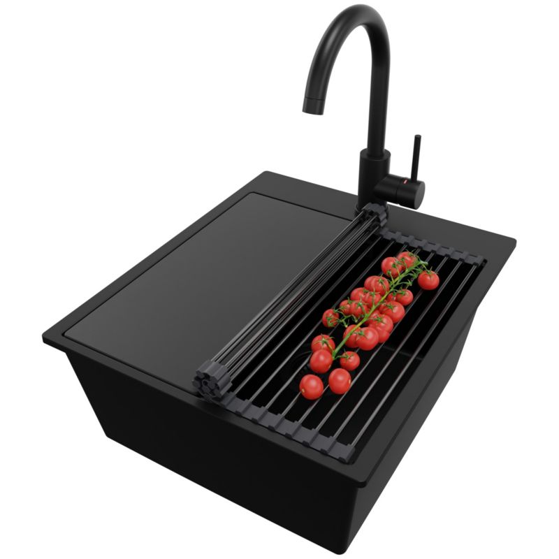 Zlewozmywak Granitowy Oslo PRIMAGRAN Nablatowy 43x50cm do szafki od 45cm z Syfonem i Baterią i Dodatkiem Cały Czarny 1 szt.