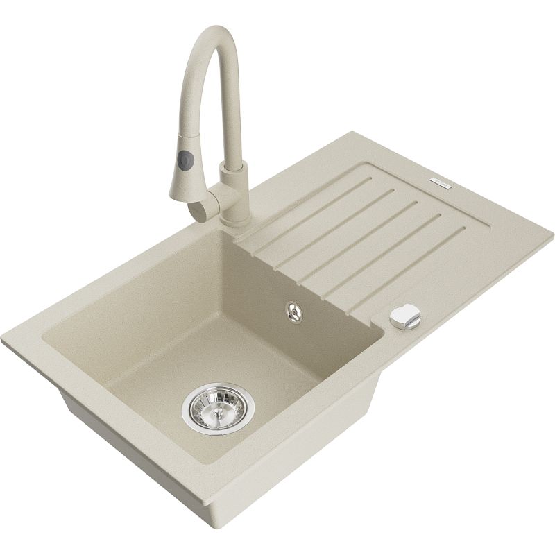 Zlewozmywak granitowy 1-komorowy Mexen Pablo z ociekaczem i baterią kuchenną Elia beżowy 6510-69-670101-69