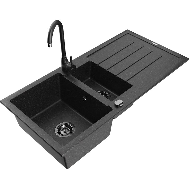 Zlewozmywak granitowy 1.5-komorowy Mexen Andres z ociekaczem i baterią kuchenną Telma czarny/srebrny 6515-73-670200-70-B