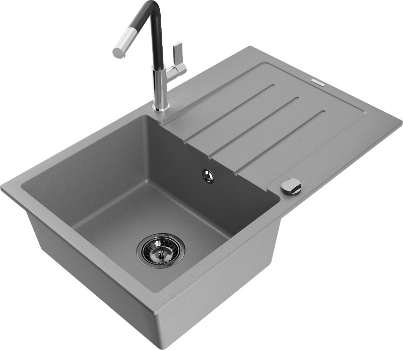 Zlewozmywak granitowy Mexen Bruno 1-komorowy z ociekaczem i baterią kuchenną Flora szary 6513-71-670401-07-B
