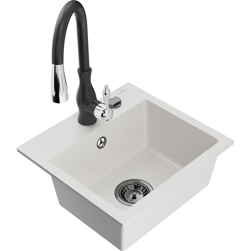 Zlewozmywak granitowy 1-komorowy Mexen Milo z baterią kuchenną Savita czarny - 6505-77-672601-70 1 szt.