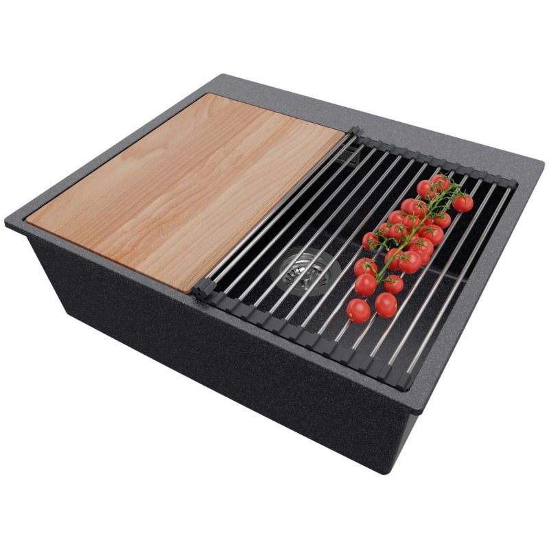 Zlewozmywak Oslo PRIMAGRAN Nablatowy 58x50cm do szafki od 60cm z Syfonem i Dodatkiem Grafitowy 1 szt.