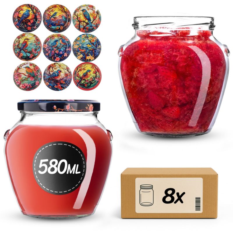 Słoiki na przetwory 580ml + wieczka "Witraż z ptakami" 82mm 8szt.