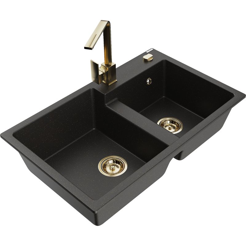 Zlewozmywak granitowy 2-komorowy Mexen Tomas z baterią kuchenną Rita czarny/złoty metalik 6516-75-670300-50