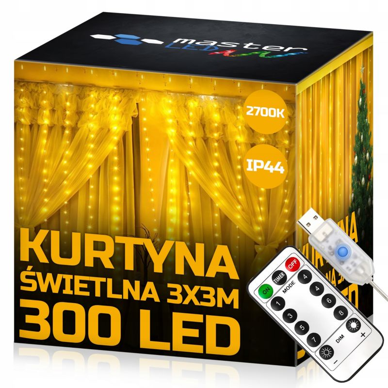 Kurtyna świetlna LED MasterLED 300 diod 3x3m ciepła biel USB z pilotem 8 trybów girlanda lampki choinkowe 1 szt.