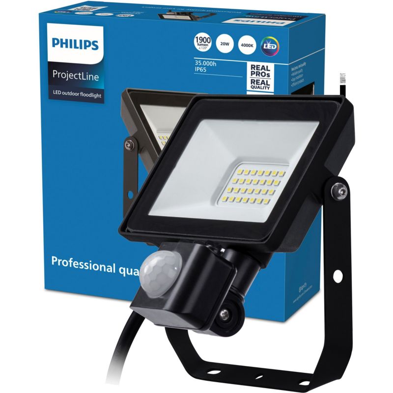 Naświetlacz LED Philips Lampa Reflektor 20W 1900lm 4000K IP65 z Czujnikiem Ruchu i Zmierzchu Czarny 1 szt.