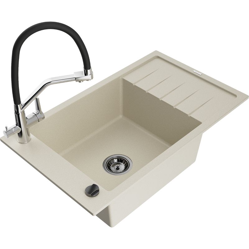 Zlewozmywak granitowy 1-komorowy Mexen Elias z ociekaczem i baterią kuchenną Duo beżowy - 6511-69-671701-07 1 szt.