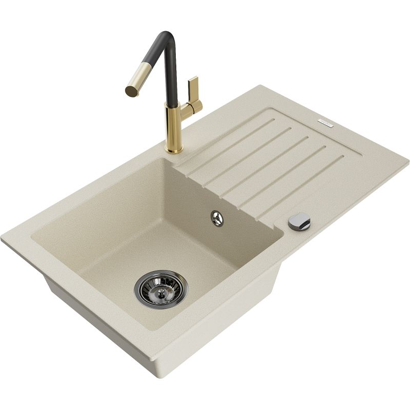 Zlewozmywak granitowy 1-komorowy Mexen Pablo z ociekaczem i baterią kuchenną Flora beżowy 6510-69-670401-57-B