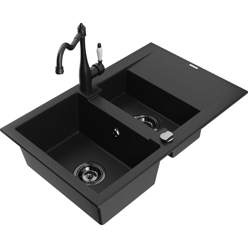 Zlewozmywak granitowy 1.5-komorowy Mexen Gaspar z ociekaczem i baterią kuchenną Carla czarny 6507-77-670700-70-B