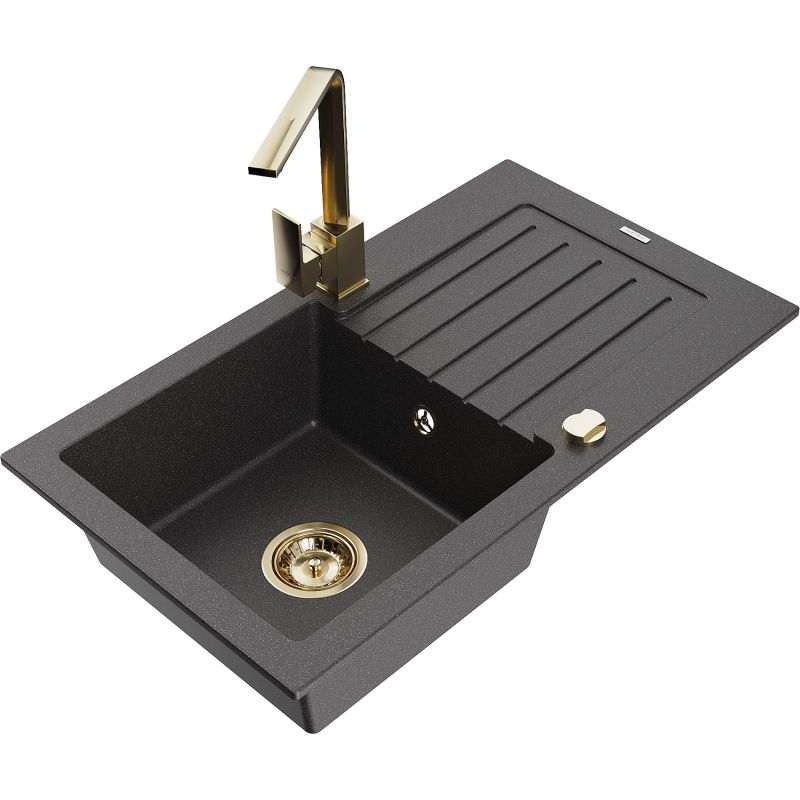 Zlewozmywak granitowy 1-komorowy Mexen Pablo z ociekaczem i baterią kuchenną Rita czarny nakrapiany 6510-76-670300-50