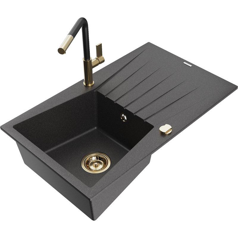 Zlewozmywak granitowy 1-komorowy Mexen Cesar z ociekaczem i baterią kuchenną Flora czarny nakrapiany 6514-76-670401-57-G