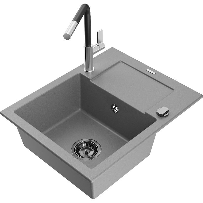 Zlewozmywak granitowy 1-komorowy Mexen Enzo z ociekaczem i baterią kuchenną Flora szary 6506-71-670401-07-B