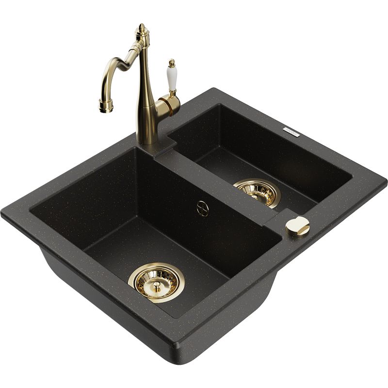Zlewozmywak granitowy 1.5-komorowy Mexen Carlos z baterią kuchenną Carla czarny/złoty metalik 6518-75-670700-50