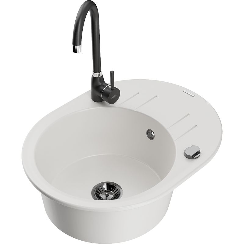 Zlewozmywak granitowy 1-komorowy Mexen Kevin z ociekaczem i baterią kuchenną Telma czarny - 6517-77-670200-50-B 1 szt.