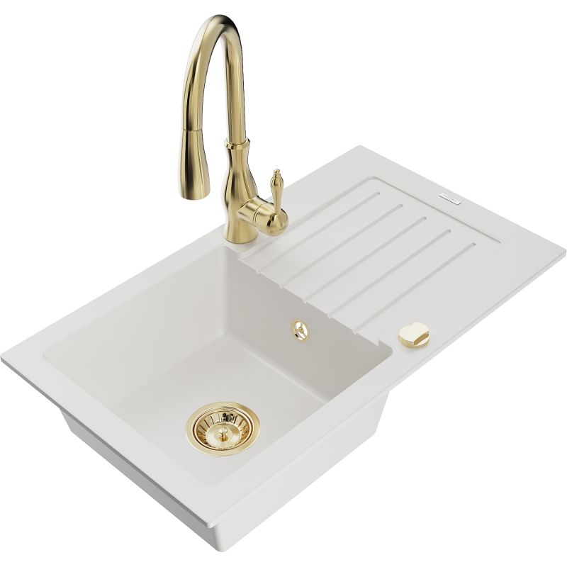 Zlewozmywak granitowy 1-komorowy Mexen Pablo z ociekaczem i baterią kuchenną Savita biały 6510-20-672601-50