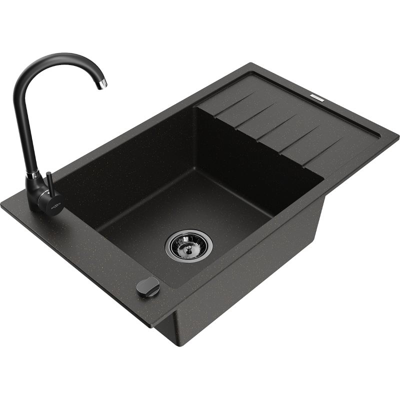 Zlewozmywak granitowy 1-komorowy Mexen Elias z ociekaczem i baterią kuchenną Telma czarny/złoty 6511-75-670200-70-B