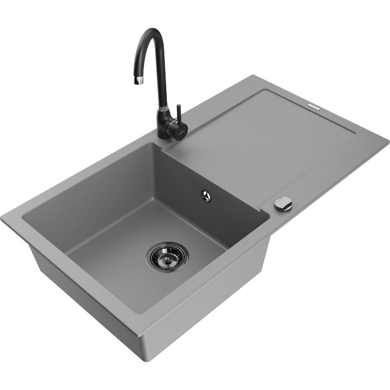 Zlewozmywak granitowy 1-komorowy Mexen Leo z ociekaczem i baterią kuchenną Telma szary 6501-71-670200-70-B
