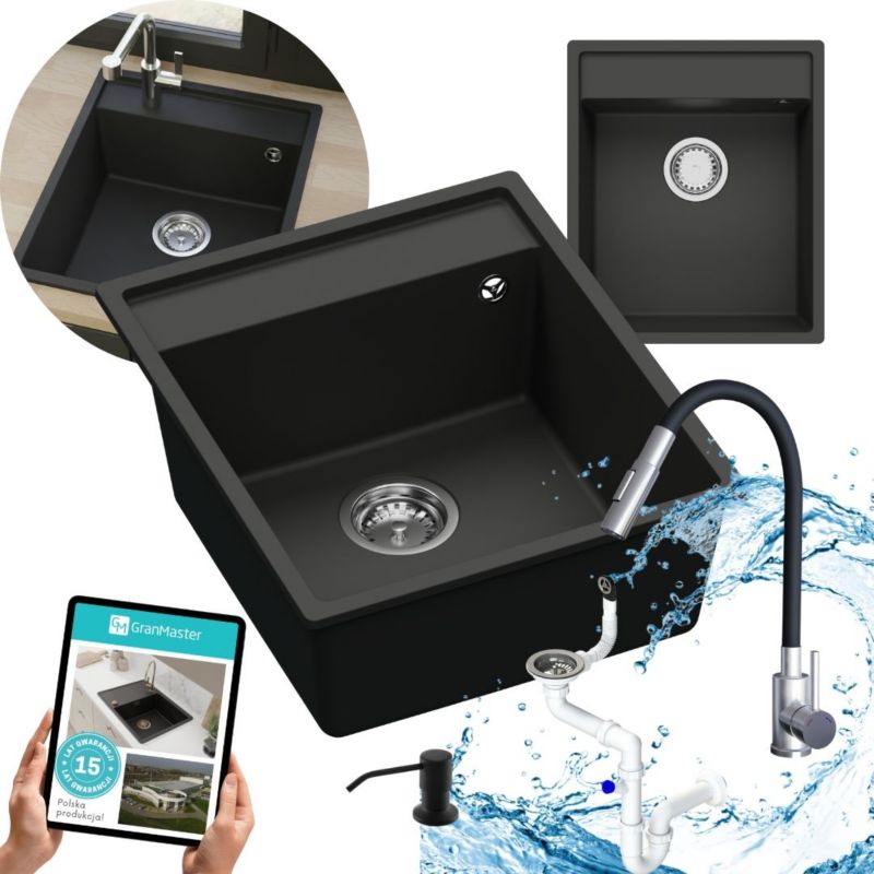 Zestaw zlewozmywak kuchenny GranMaster Magma 1-komorowy z baterią, dozownikiem płynu i syfonem czarny metalik 1szt.