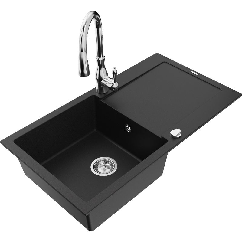 Zlewozmywak granitowy 1-komorowy Mexen Leo z ociekaczem i baterią kuchenną Savita czarny - 6501-77-672601-70 1 szt.