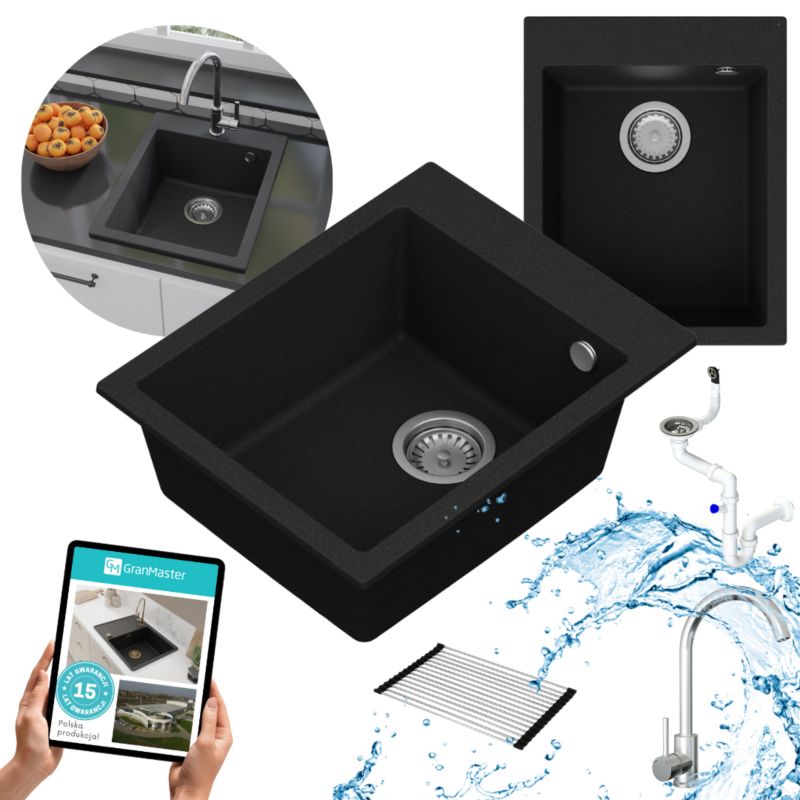 Zestaw zlewozmywak kuchenny GranMaster Ivo 1-komorowy z baterią, syfonem i roll matą, czarny metalik 1szt.